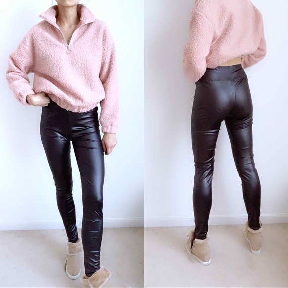 BLACK HIGH WAIST LEATHER LEGGINGS - Picture 2 of 5